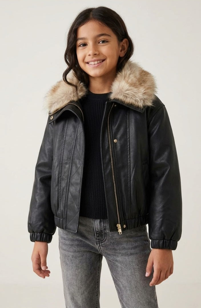 AM Kids - giubotto in pelle con collo in pelliccia