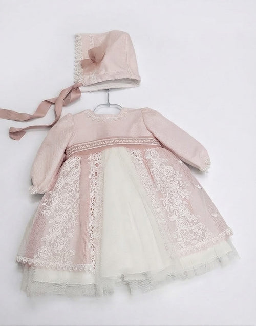 AM Kids - Abito in pizzo con mutandina e cuffia