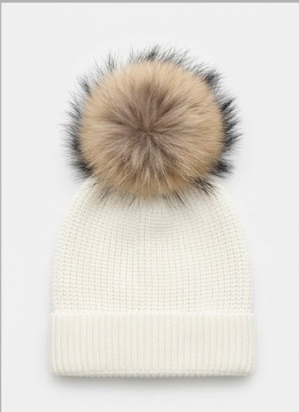 AM Kids - Cappello in lanetta con pon pon di vera pelliccia