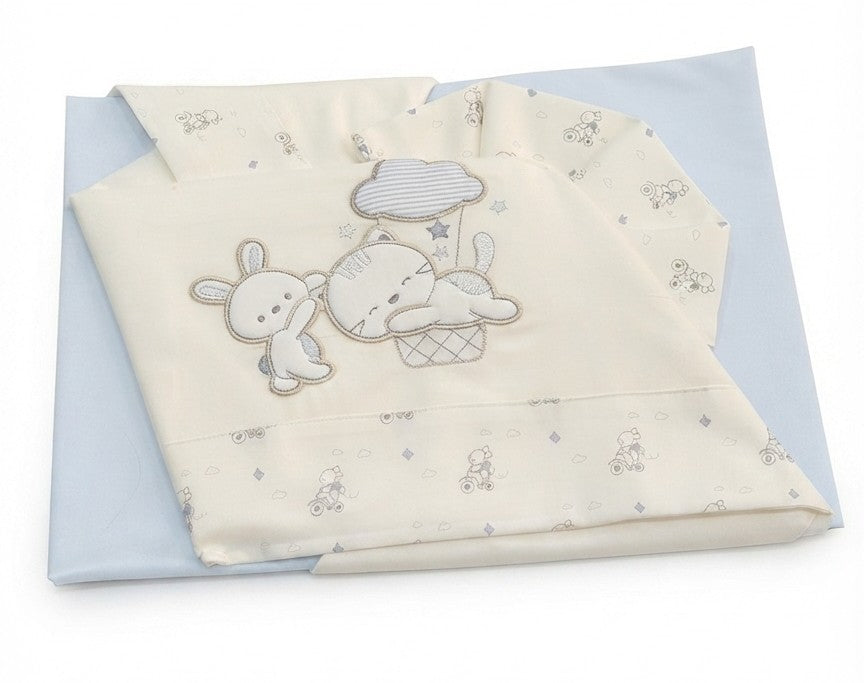 AM Kids - Completo culla con sopra,sotto e federa in cotone con coniglio e gattino