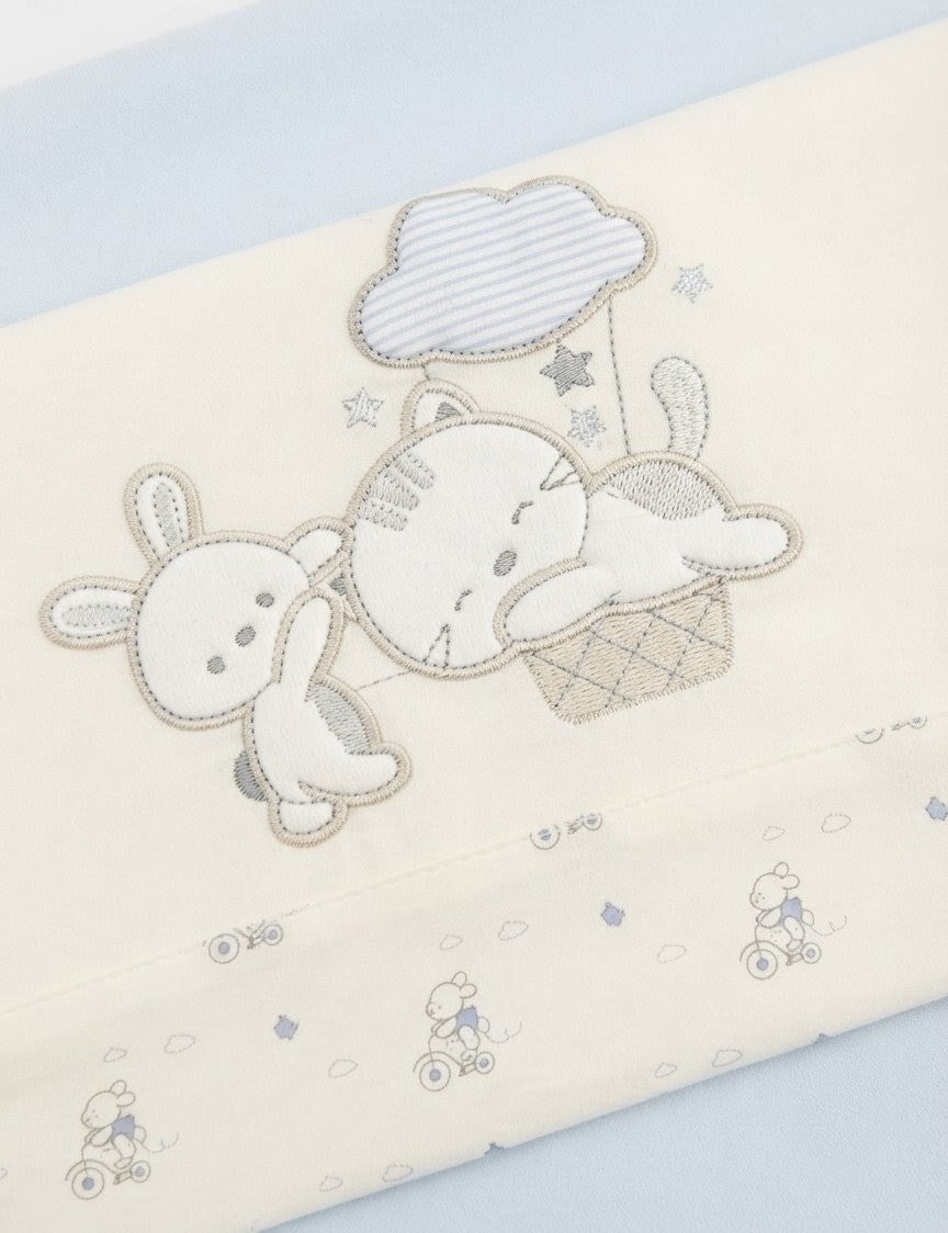 AM Kids - Completo culla con sopra,sotto e federa in cotone con coniglio e gattino