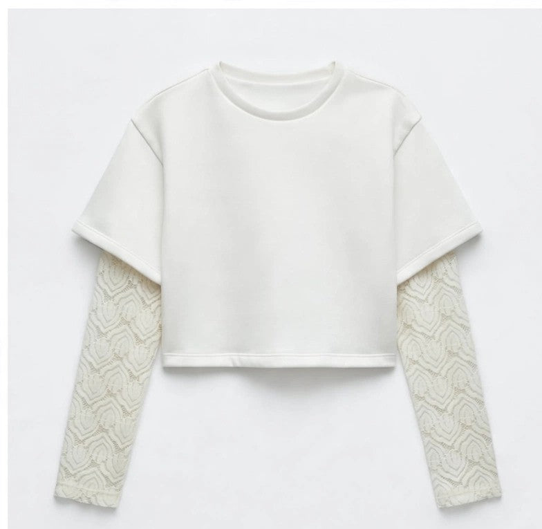 AM Kids - FELPA CROPP GIROCOLLO CON MANICHE MERLETTATE