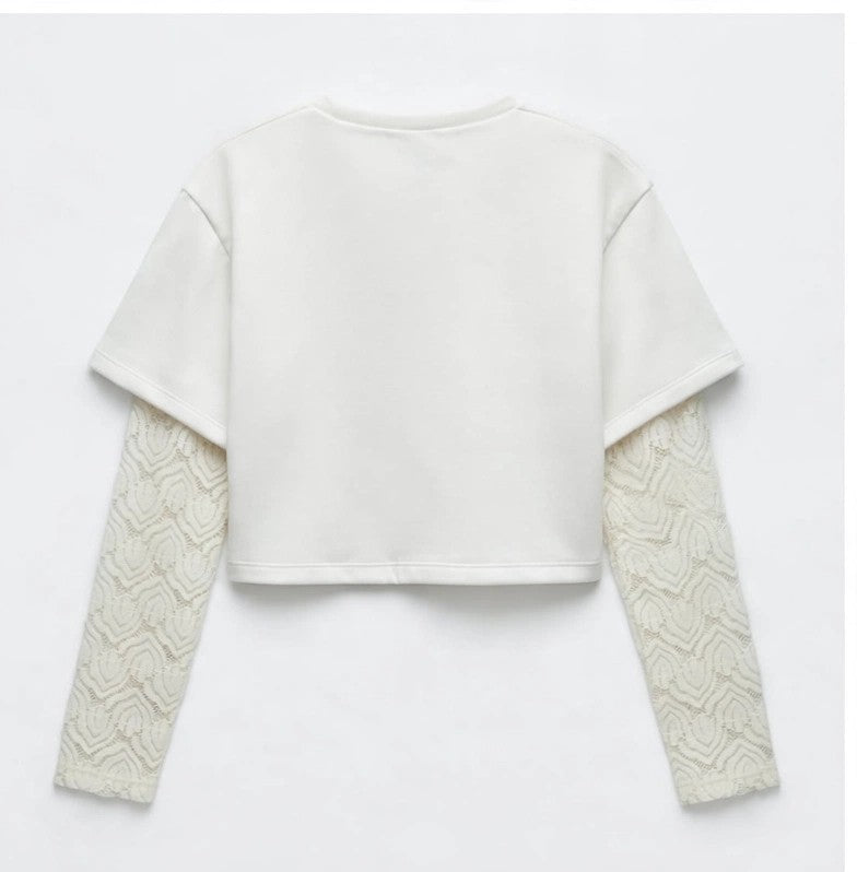 AM Kids - FELPA CROPP GIROCOLLO CON MANICHE MERLETTATE