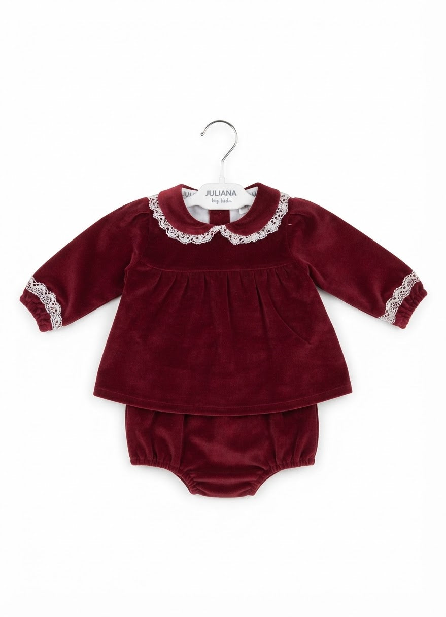 AM Kids - completo 2 pezzi in velluto con collo ricamato e mutandina